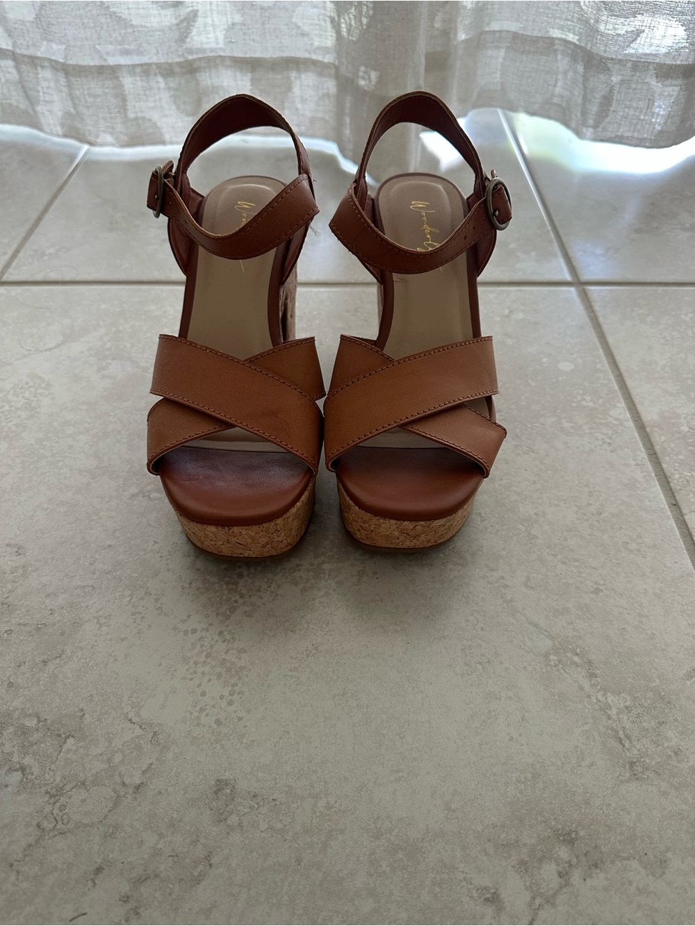 Brown Platform Cork Wedge Sandals with Ankle Strap